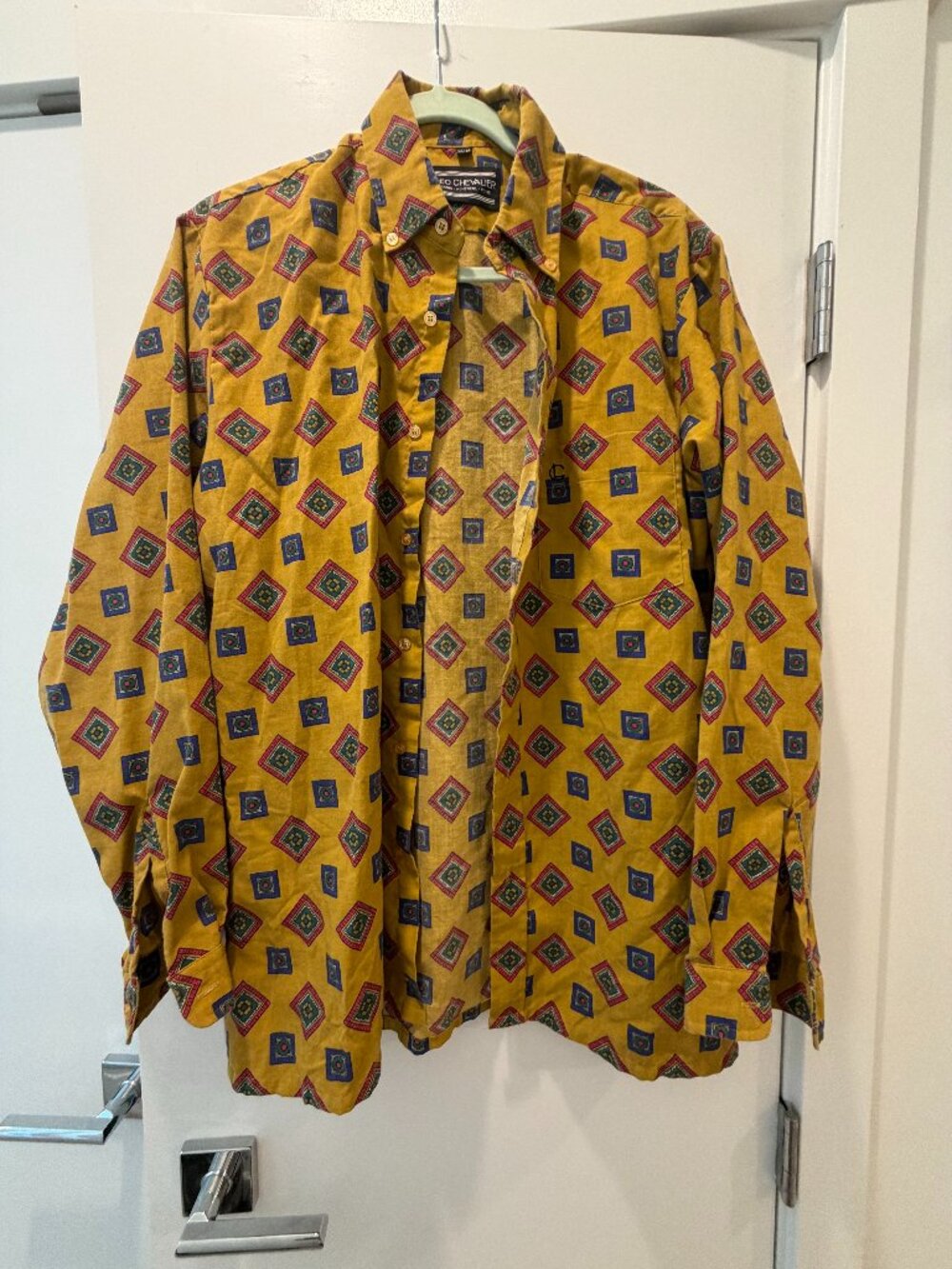LEO CHEVALIER Vintage Mustard Yellow Geometric Print Button Down Shirt M